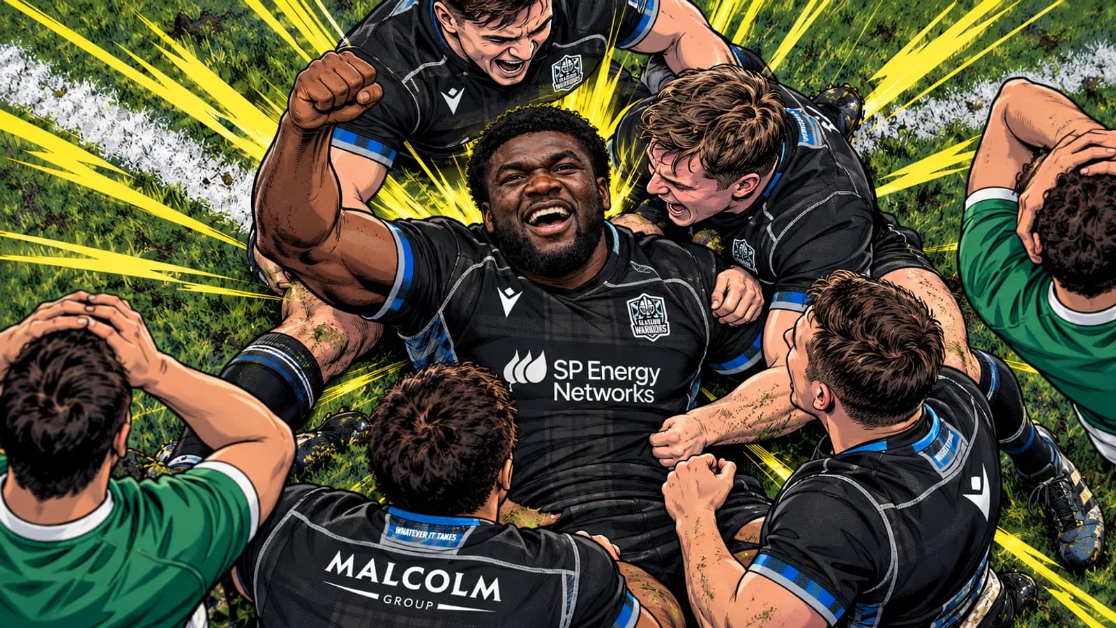Glasgow Warriors players crowd around a beaming teammate lying on the grass with fist raised while two opponents.