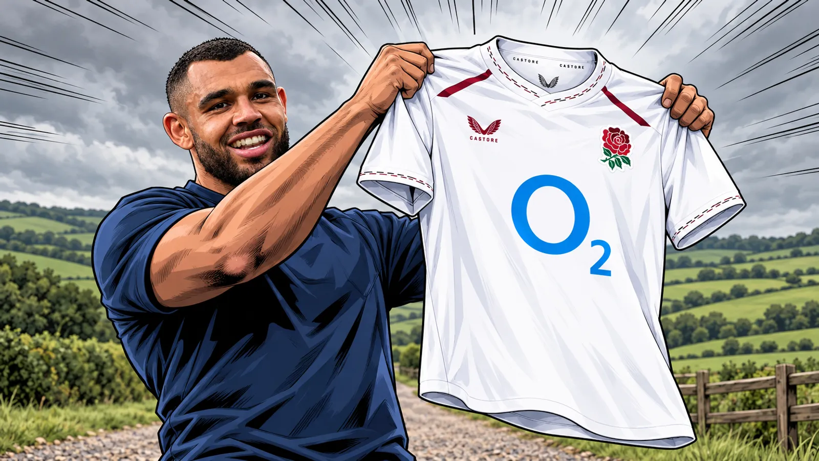A comic-style rugby illustration of the Sale Sharks home kit.