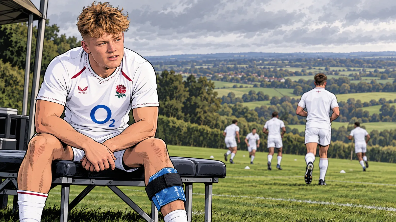 A comic-style rugby illustration of the England home kit.