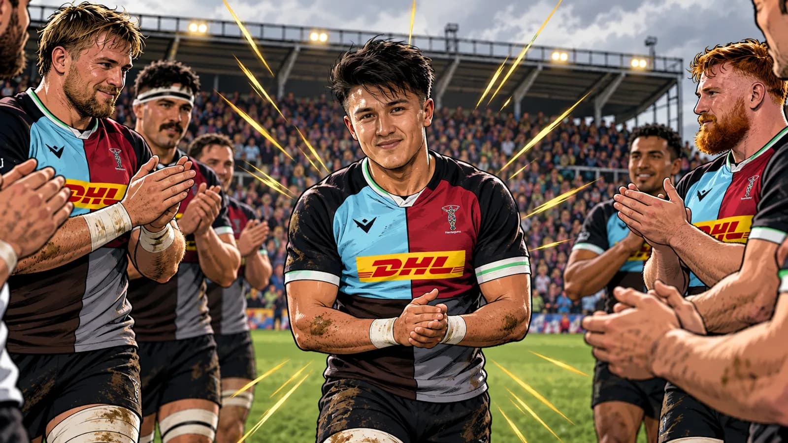A comic-style rugby illustration of the Harlequins home kit at The Stoop.
