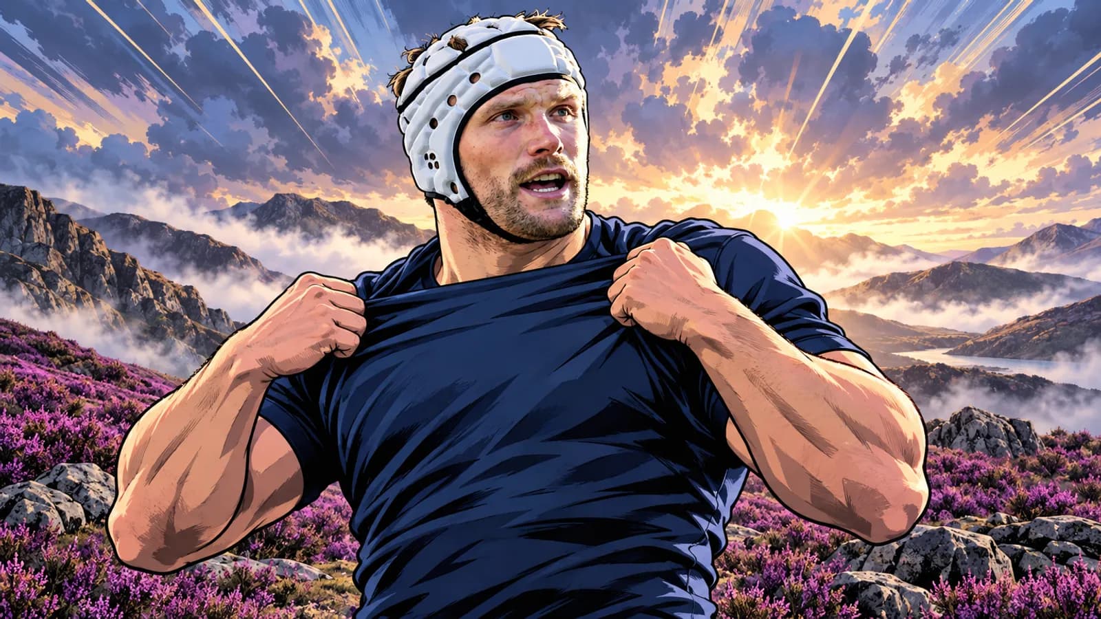 A rugby player in a white scrum cap and plain navy shirt grips his collar on a heather-covered hillside above misty mountains.