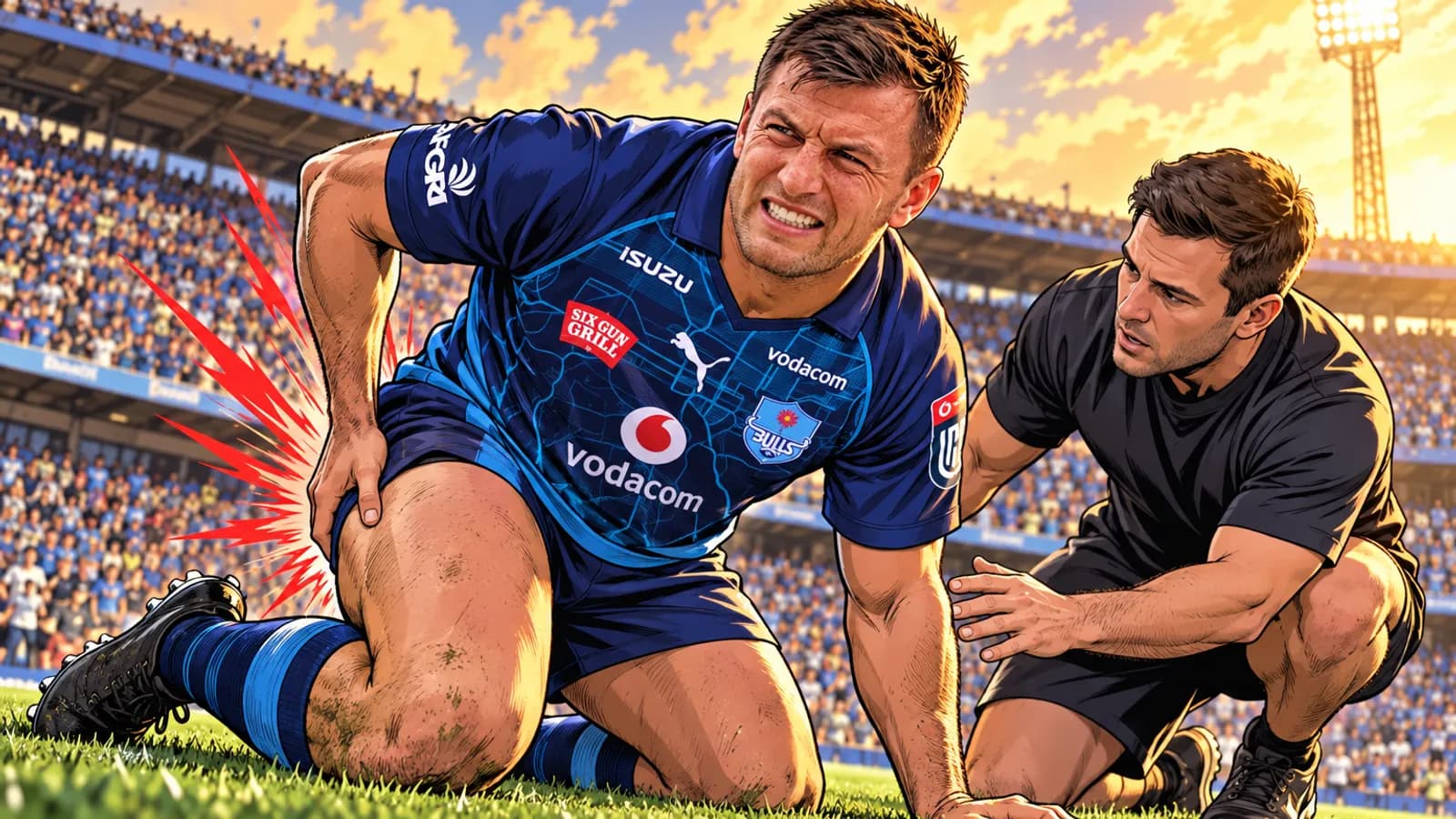 A Bulls player kneels clutching his thigh on the grass at Loftus Versfeld as a medic crouches beside him under a golden sky.