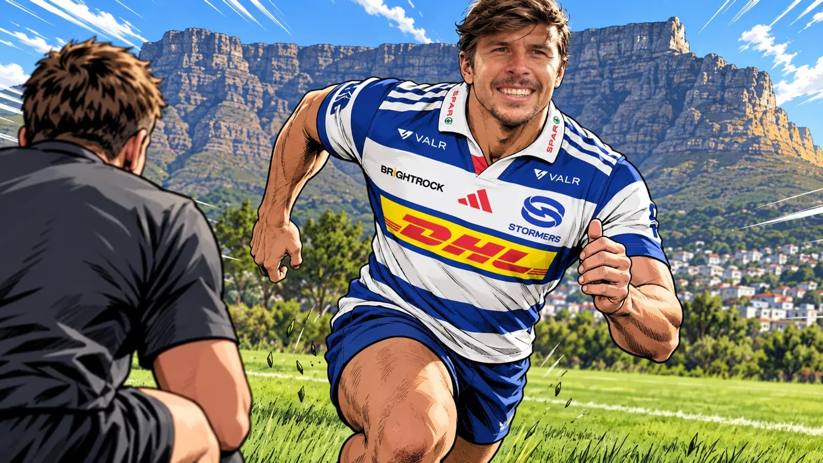 A smiling player in a hooped Stormers jersey sprints across grass towards a figure in black below a flat-topped mountain in Cape Town.