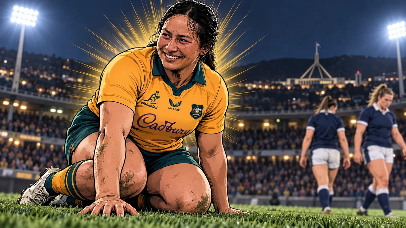 A comic-style rugby illustration of the Wallabies home kit.