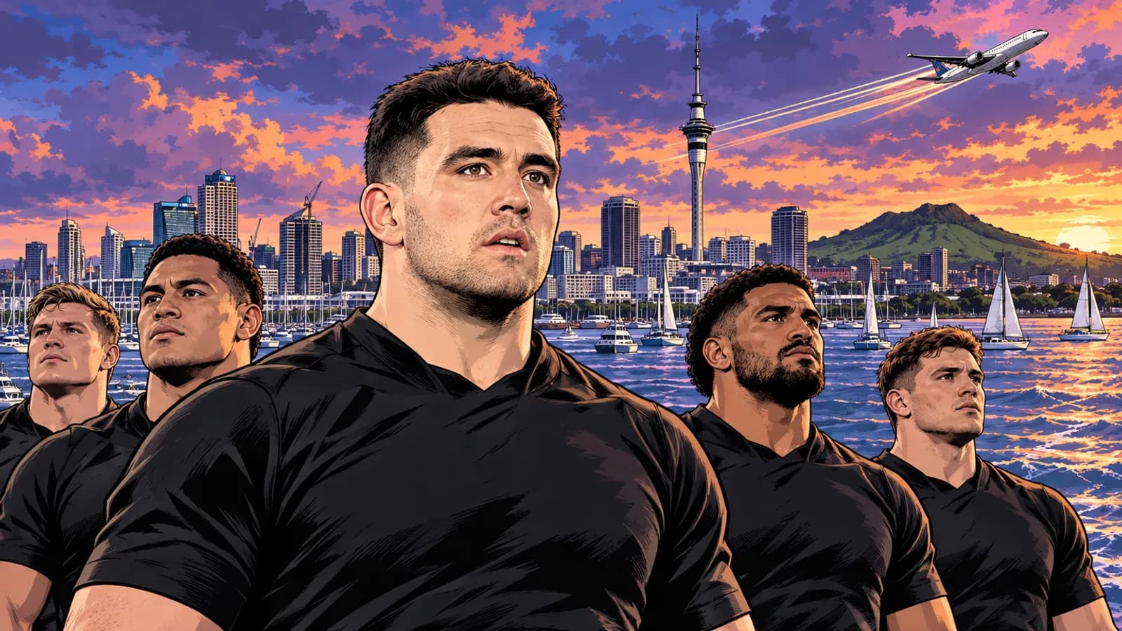 A group of rugby players in plain black jerseys stand before the Auckland skyline and harbour as a plane flies overhead at sunset.