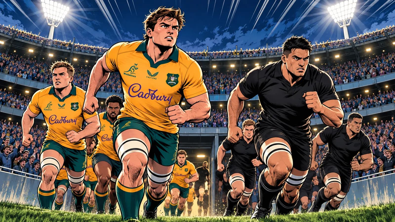 Players in gold Wallabies jerseys and players in black run out of a tunnel onto the floodlit Melbourne Cricket Ground pitch.