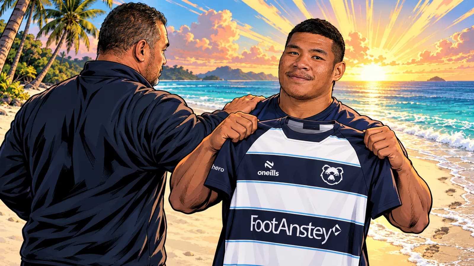 A smiling player holds up a hooped Bristol Bears jersey on a tropical beach while a coach rests a hand on his shoulder.