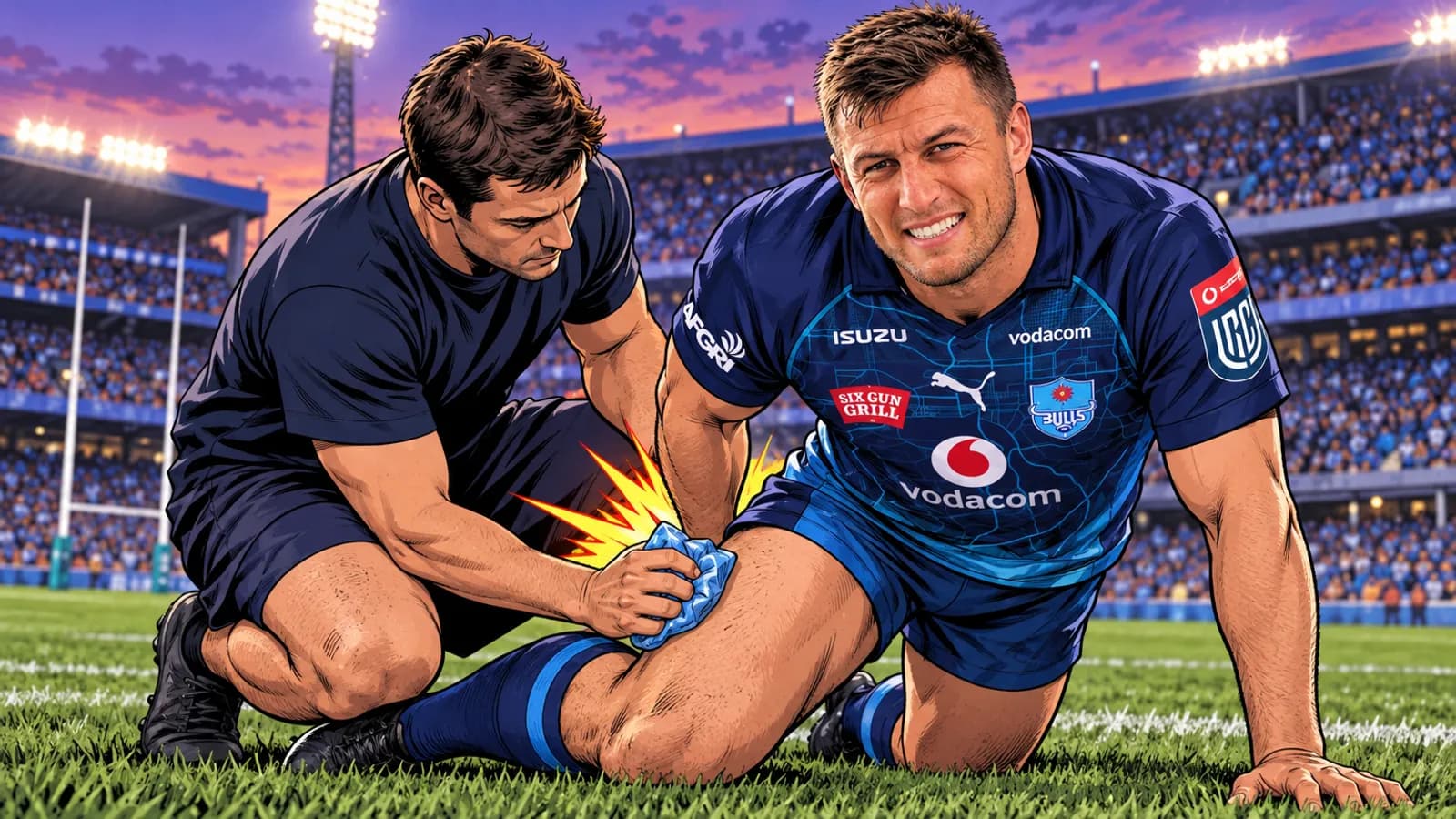 An injured Bulls player kneels on the grass at Loftus Versfeld while a medic presses an ice pack to his thigh under floodlights.