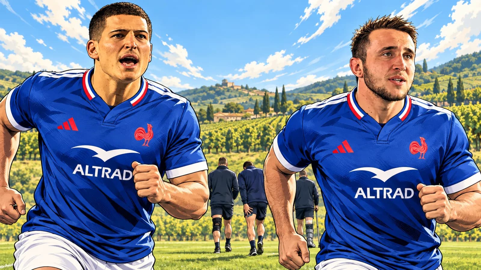 A pair of France players in blue jerseys run forward while braced players walk away across a grass pitch beside sunny vineyards.