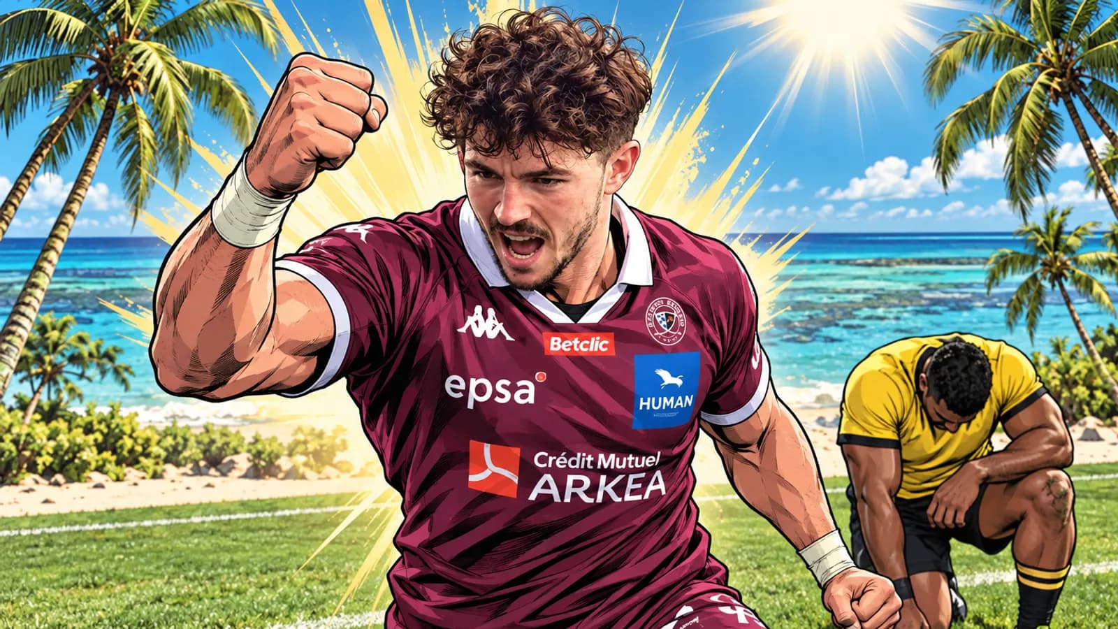 A Bordeaux Begles player in maroon roars and pumps his fist on a palm-lined beach field as a player in yellow kneels.