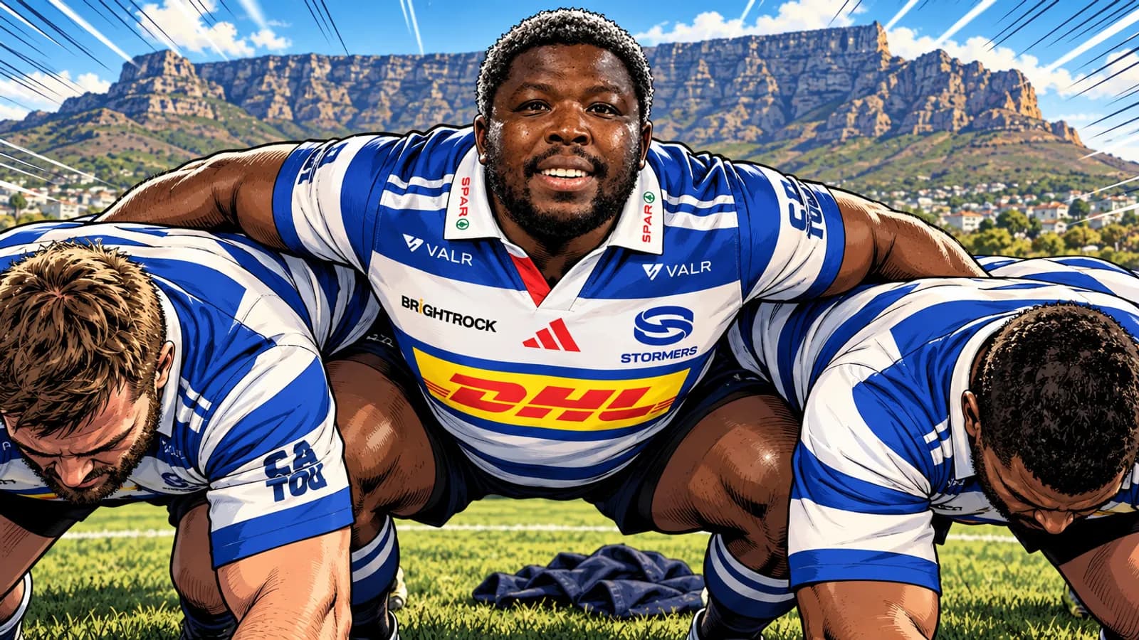 A smiling hooker in Stormers kit binds with crouching props on a grass field beneath a flat-topped mountain and the houses of Cape Town.