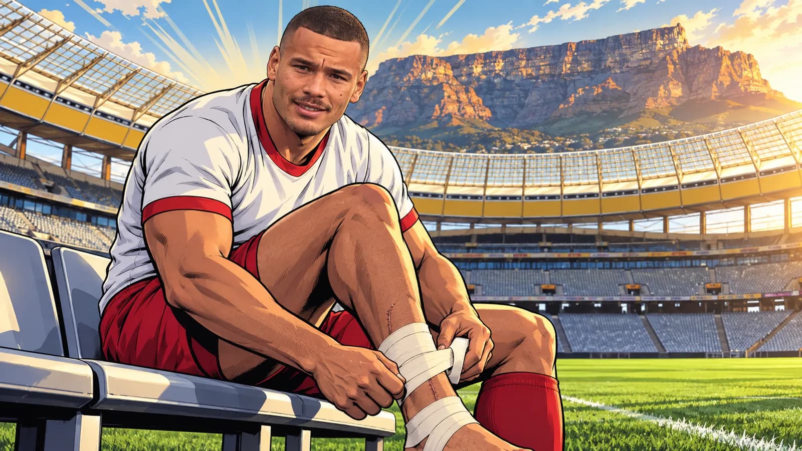 A comic-style rugby illustration of the Ulster home kit at Cape Town Stadium.