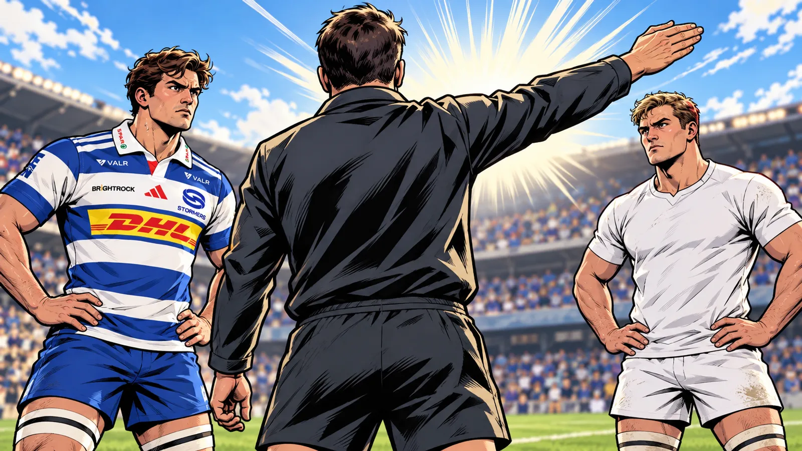 A referee in black points between a Stormers player in blue and white hoops and a player in white in a packed stadium.