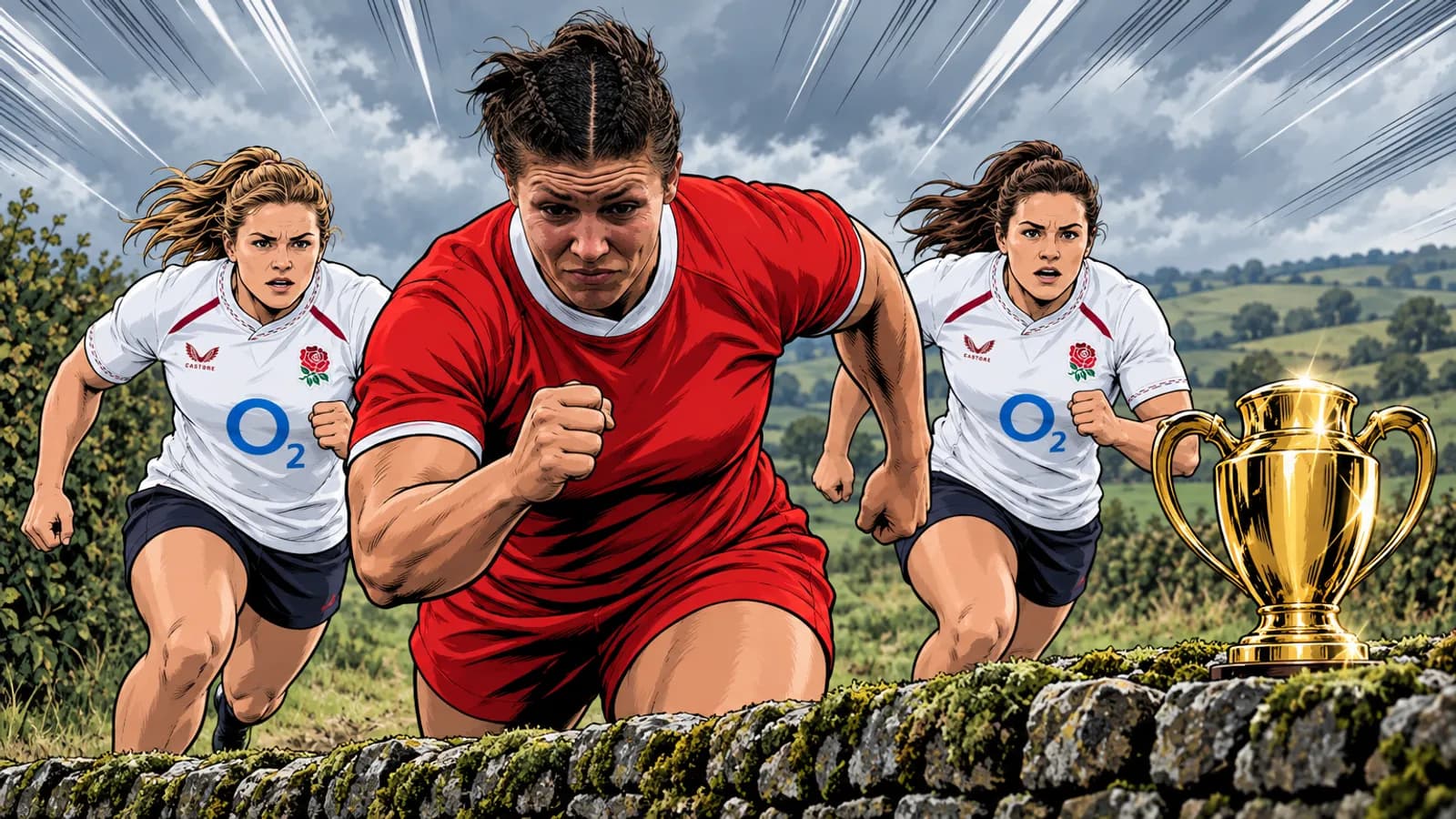 England players in white flank a player in red sprinting through green countryside behind a mossy stone wall beside a gold trophy.