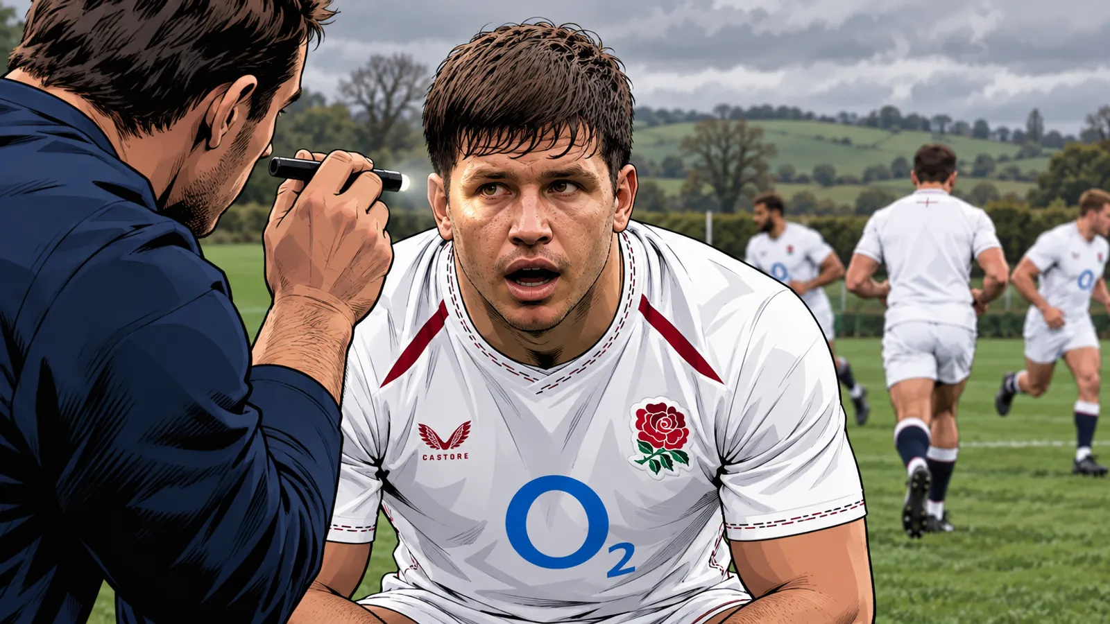 A medic in a navy top shines a penlight into a dazed England player's eyes while teammates jog across a field beside green hills.