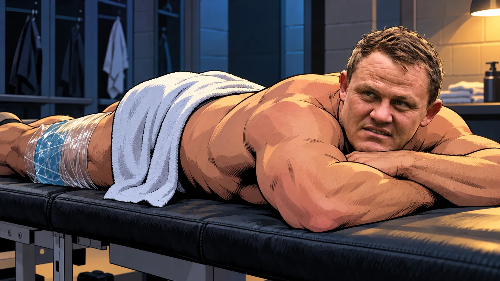 A man lies face down on a treatment table in a locker room with an ice pack wrapped around his thigh.