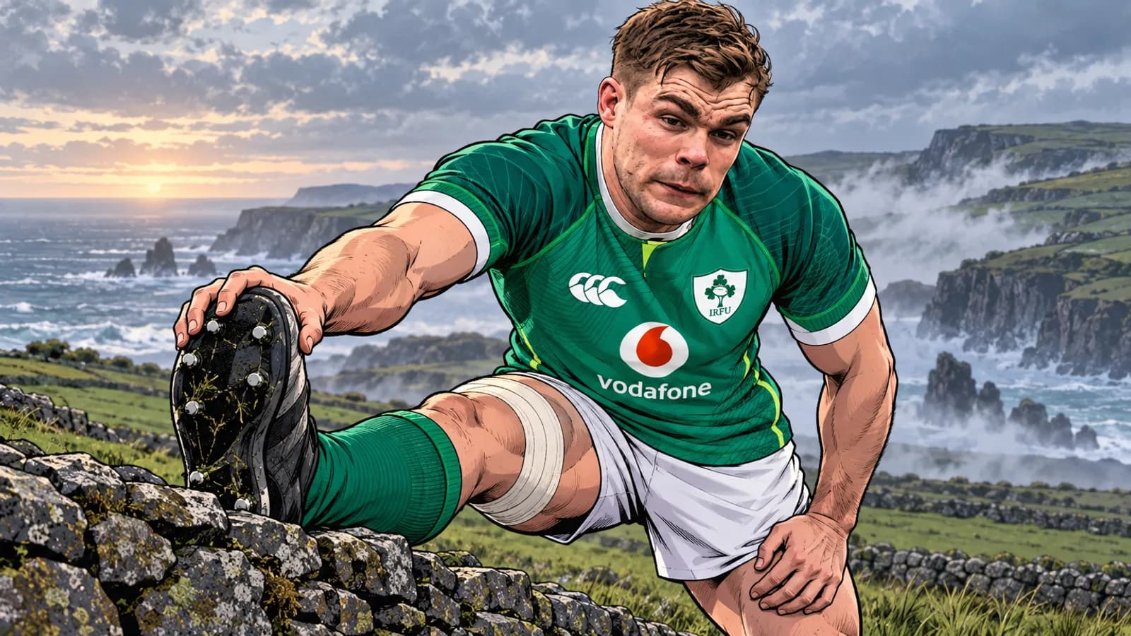 A comic-style rugby illustration of the Ireland home kit.