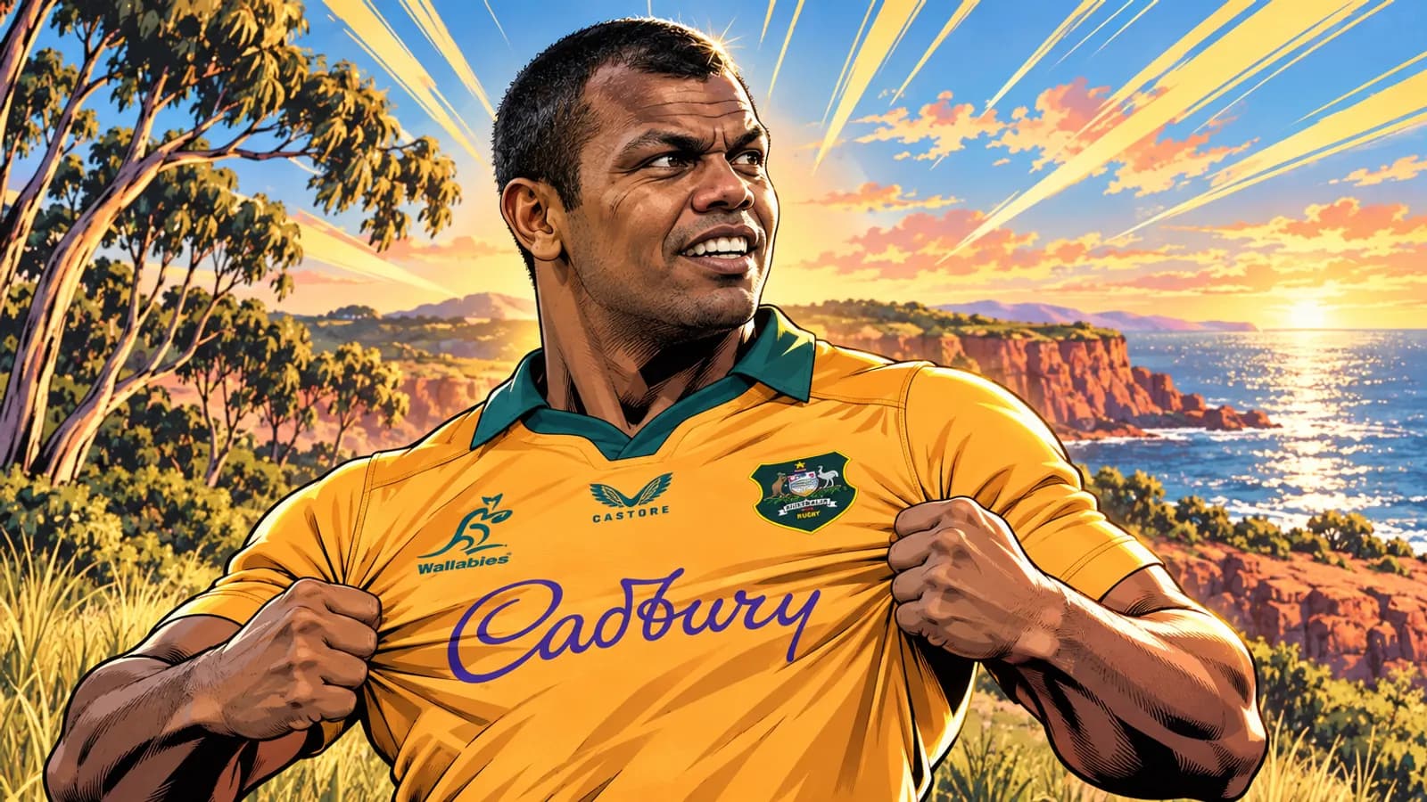 A comic-style rugby illustration of the Wallabies home kit.