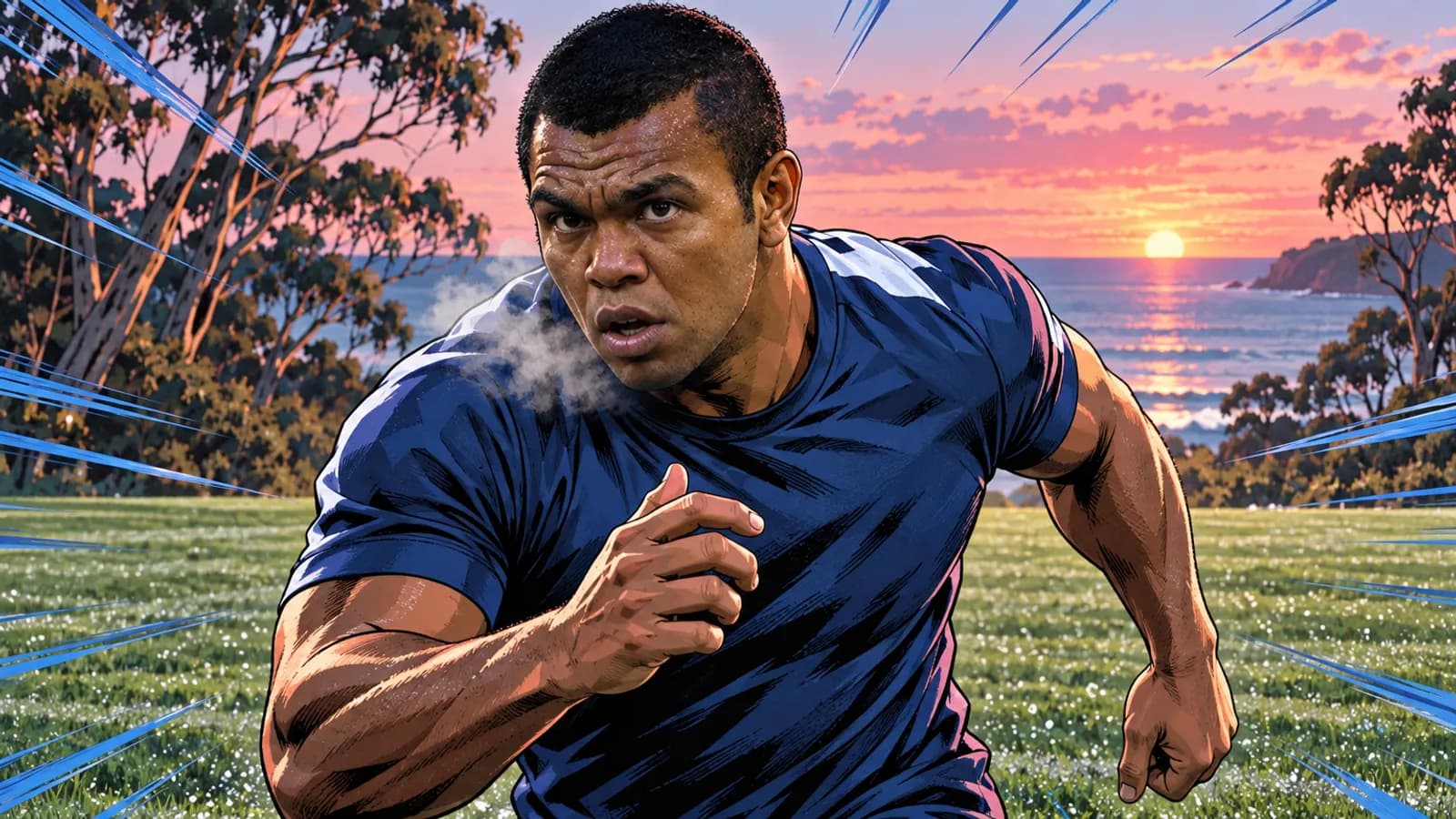 A comic-style rugby illustration of the Western Force home kit.