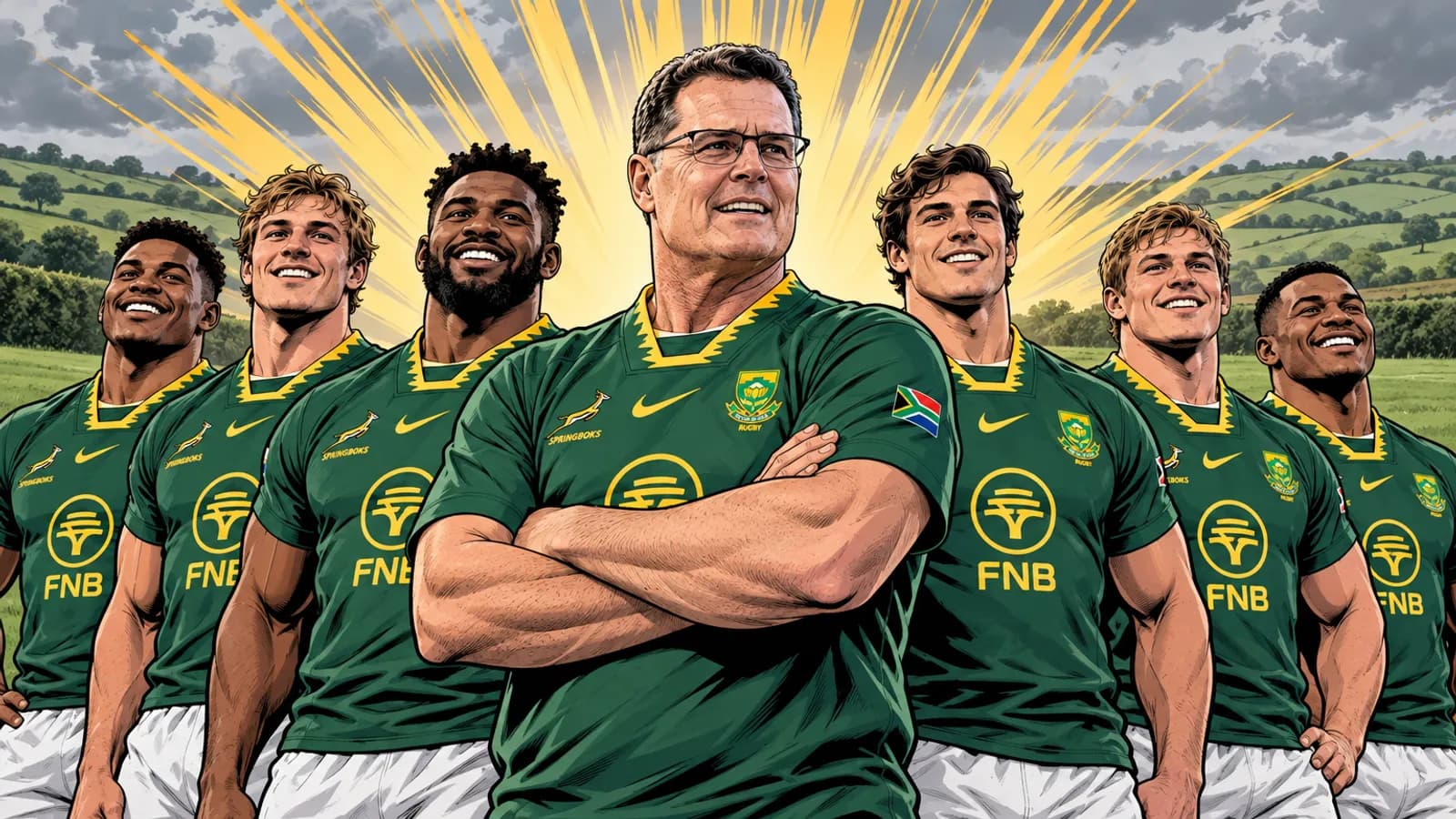 A comic-style rugby illustration of the Springboks home kit.