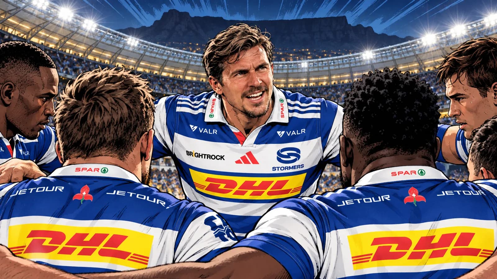 Stormers players in hooped jerseys huddle around a speaking teammate in floodlit Cape Town Stadium below a flat-topped mountain.