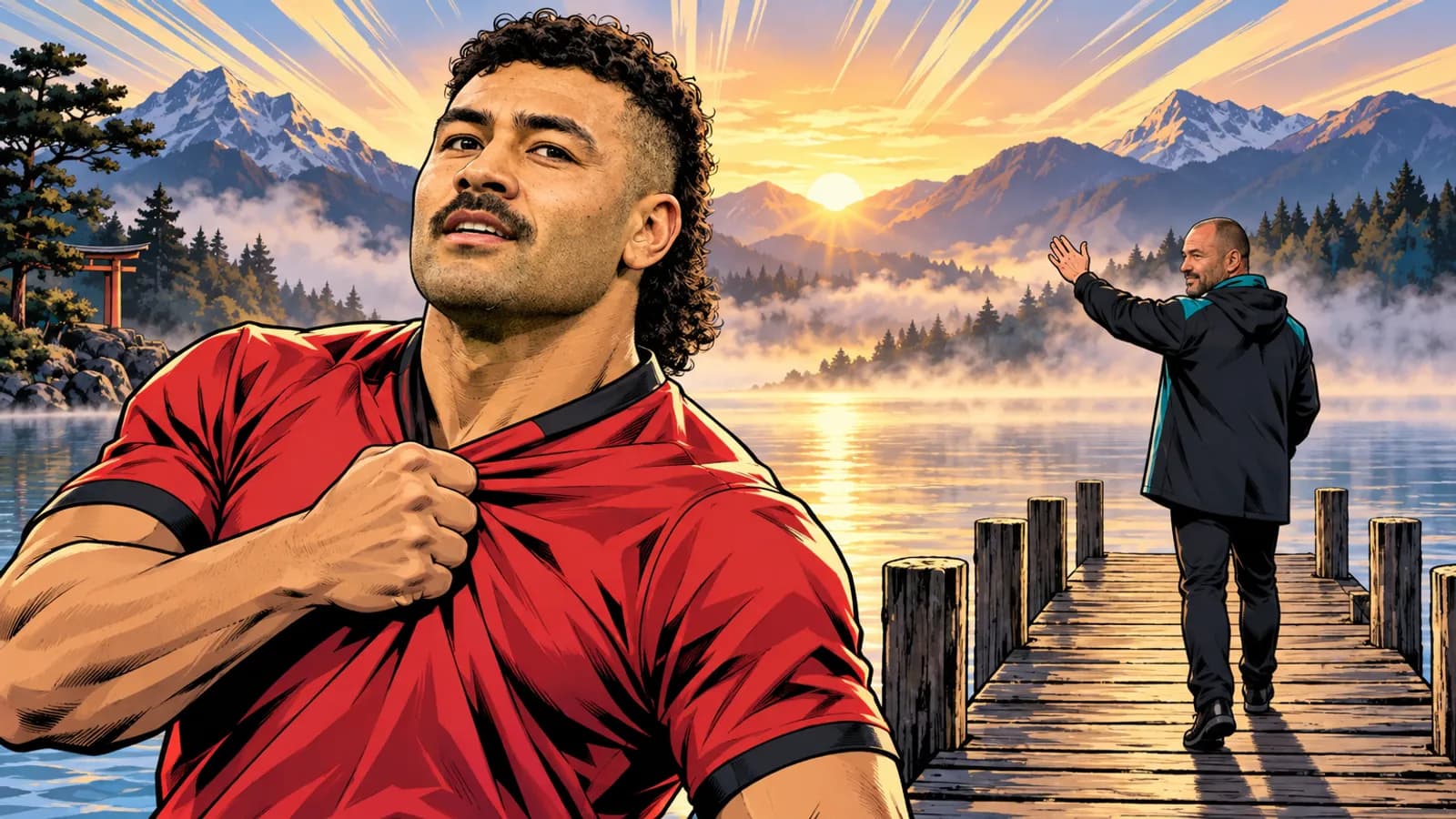 A curly-haired man in a red jersey clutches his shirt beside a misty mountain lake while a bald man waves from a wooden jetty.
