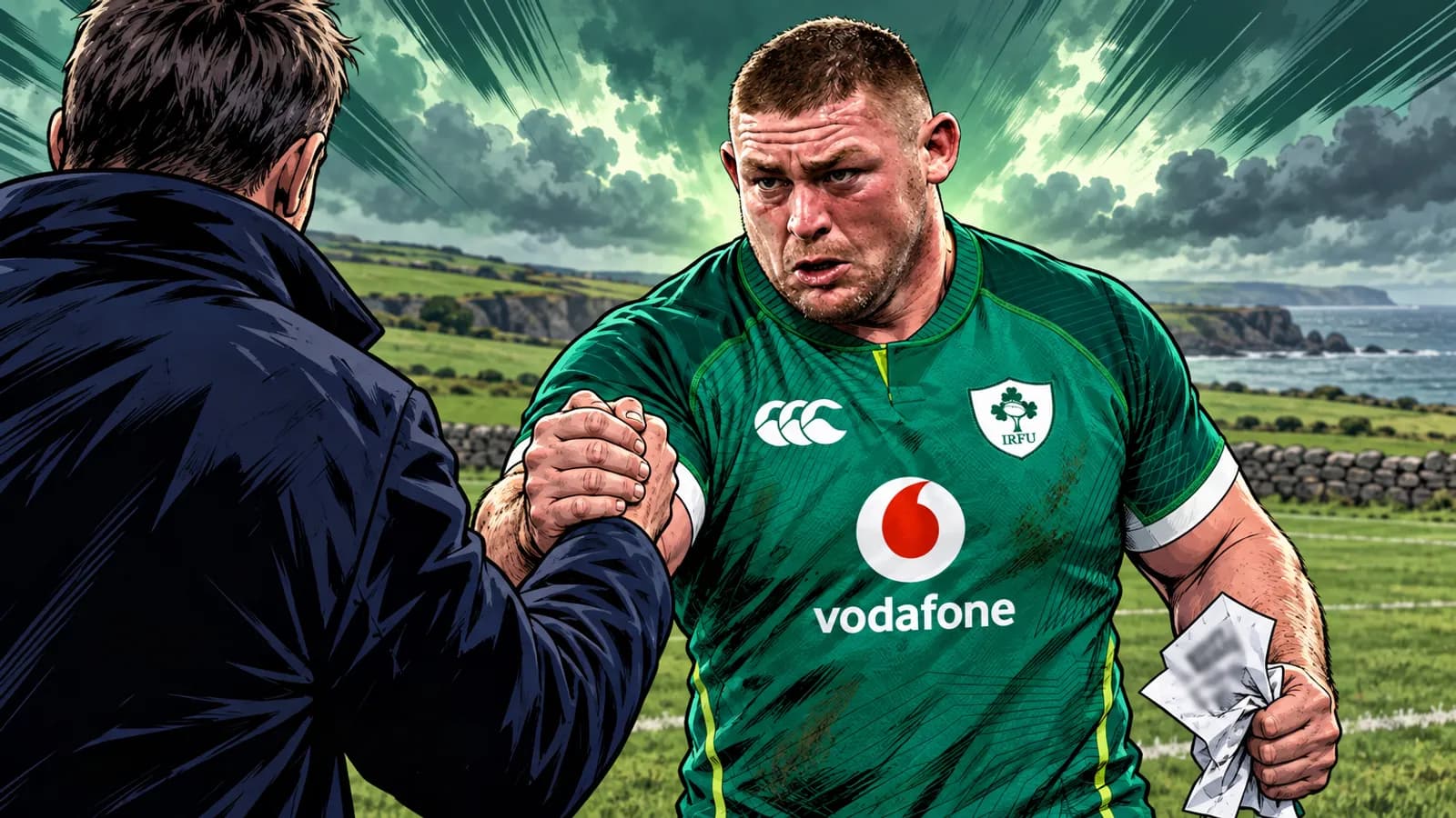 A comic-style rugby illustration of the Ireland home kit.