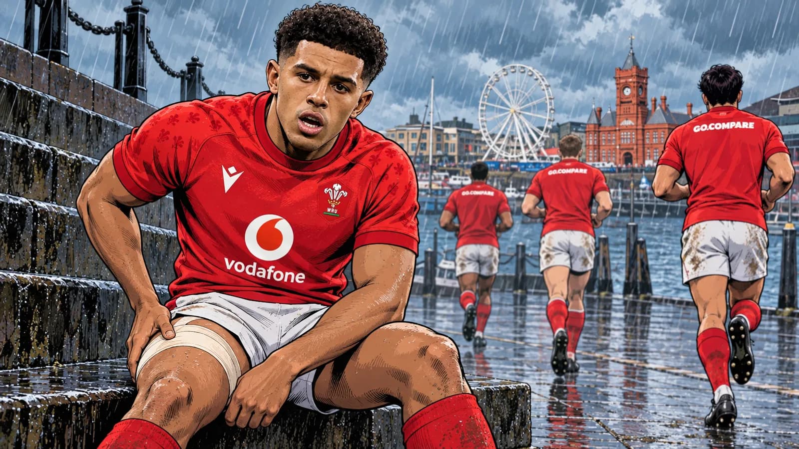 A comic-style rugby illustration of the Wales home kit.