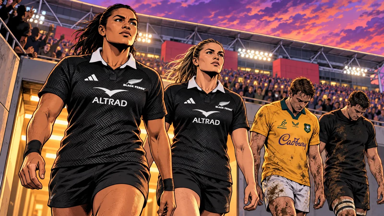 Two women in black Black Ferns jerseys and two muddy men, one in a gold Wallabies jersey, walk out at Suncorp Stadium at dusk.