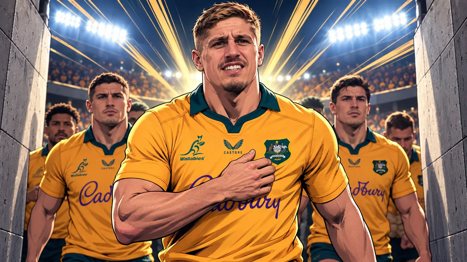 Wallabies players in gold jerseys walk out of a tunnel towards a floodlit stadium, the leading player holding a hand to his chest.