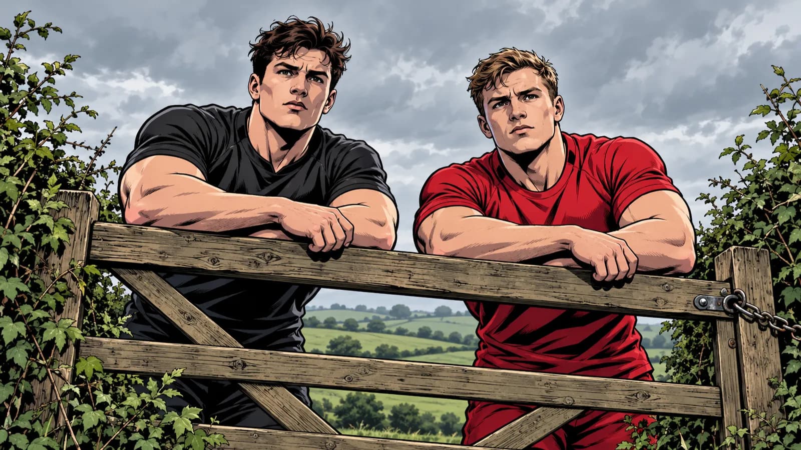 A pair of muscular men in plain black and red shirts lean on a wooden farm gate overlooking green countryside under a cloudy sky.