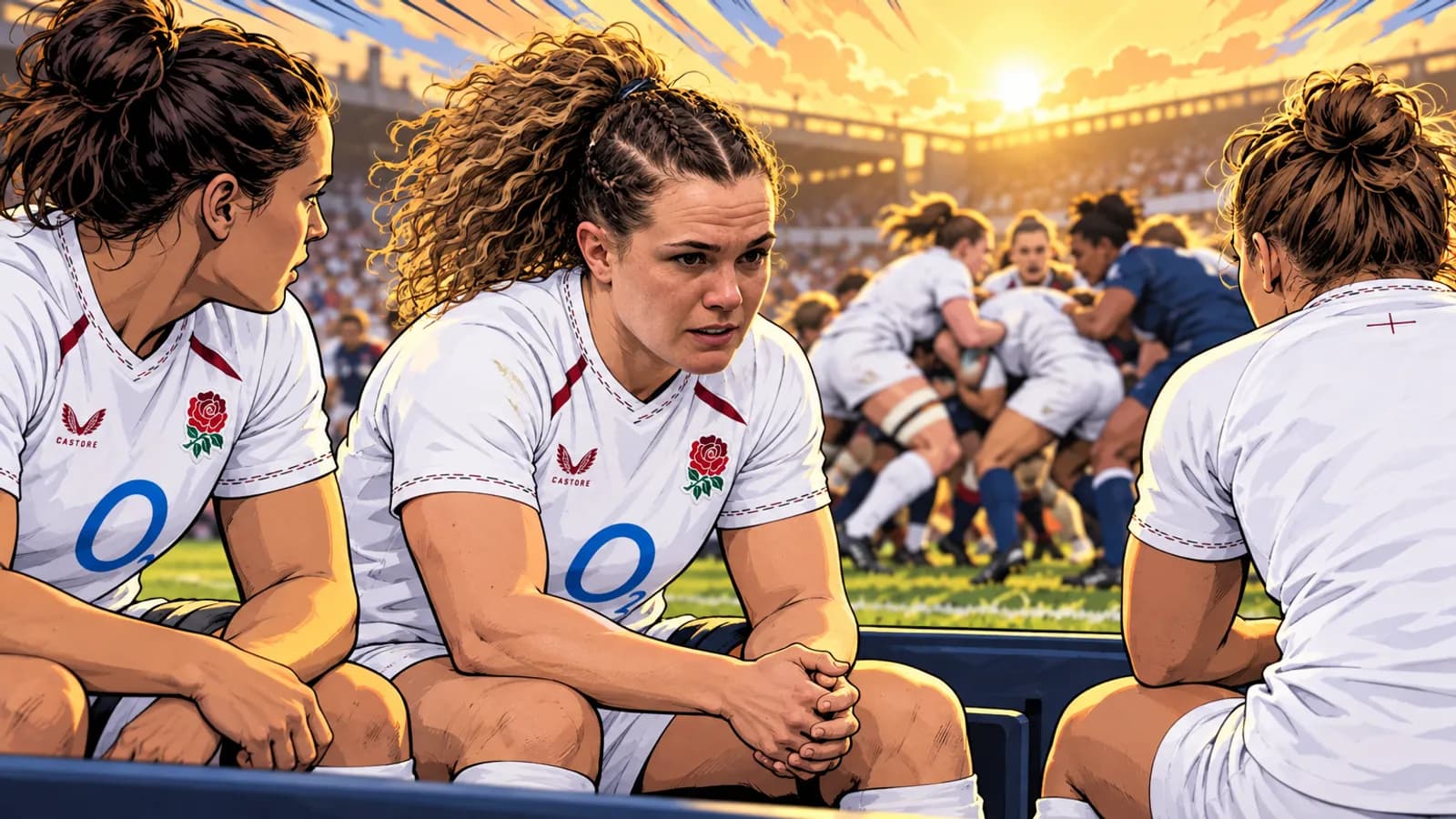 England players in white kit sit on a bench watching teammates and opponents in navy contest a maul in a sunlit stadium.
