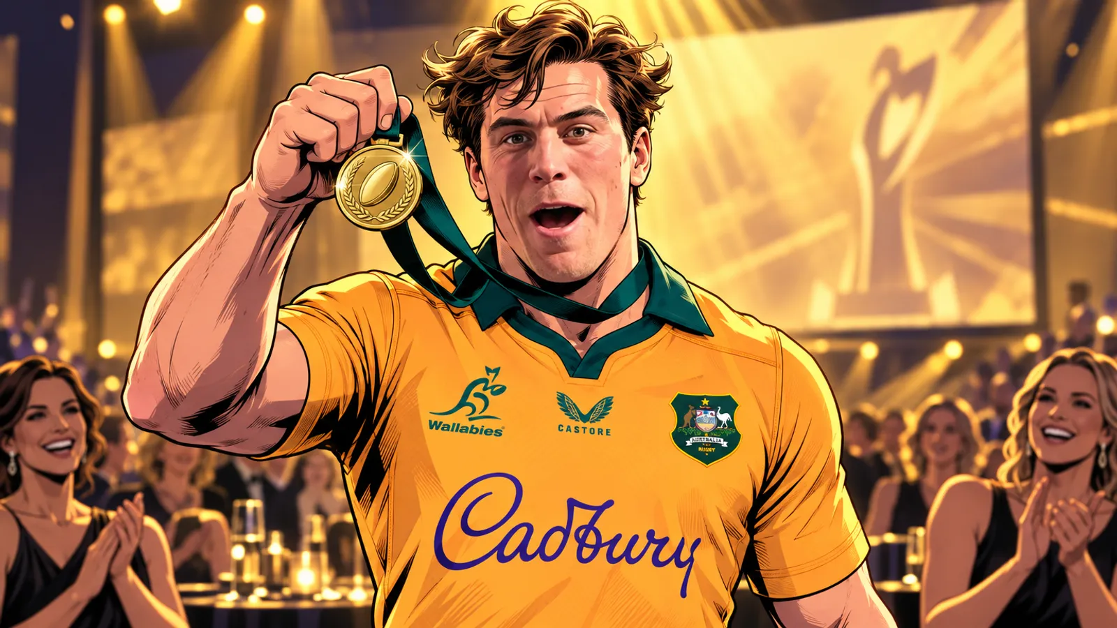 A rugby player in a gold Wallabies jersey raises a gold medal on a green ribbon as smiling guests applaud at an awards gala.