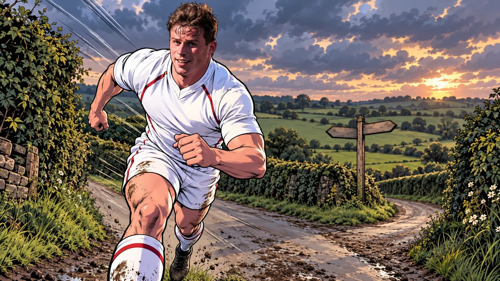 A smiling rugby player in a white kit with red trim sprints down a muddy country lane between hedgerows past a wooden signpost.