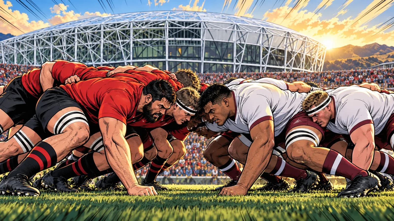 Packs in red and black and in white and maroon engage a scrum on grass before the lattice-roofed One NZ Stadium.