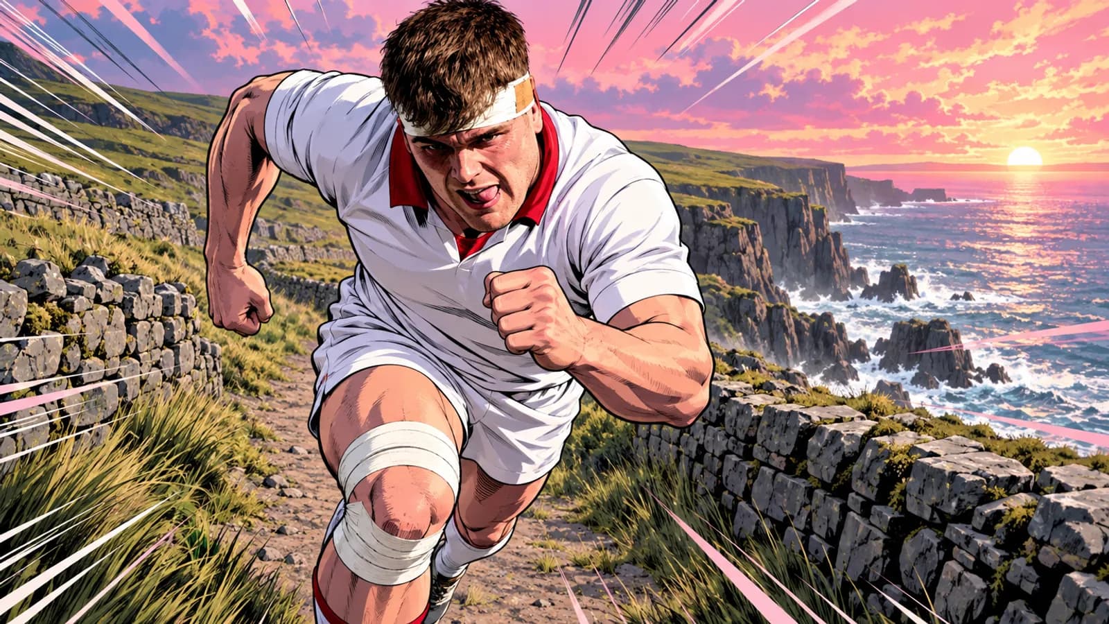 A rugby player in a white jersey with a bandaged knee runs along a coastal path between stone walls beside cliffs at sunset.