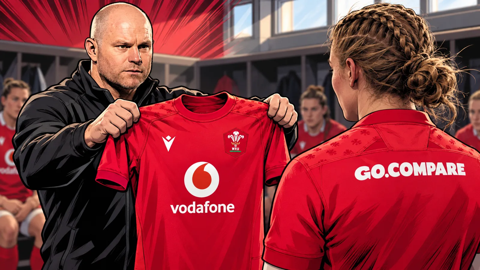 A bald coach holds up a red Wales jersey to a braided player in a dressing room as teammates sit nearby.