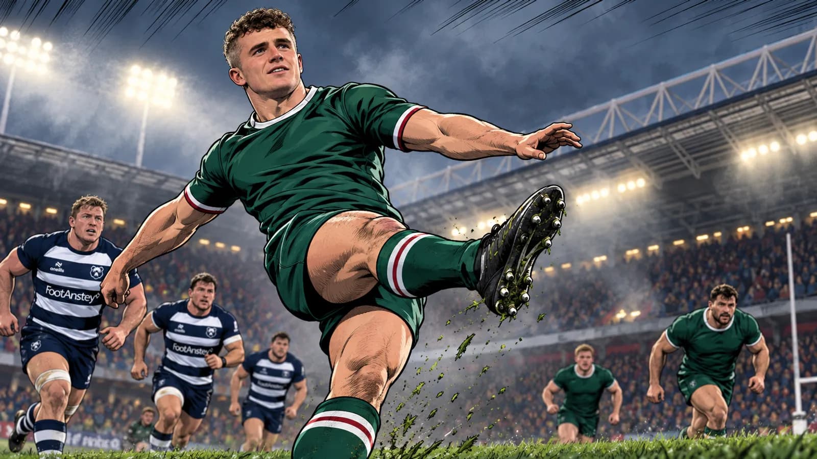 A player in green kicks high on a floodlit pitch at Ashton Gate as players in navy and white hooped shirts chase behind.