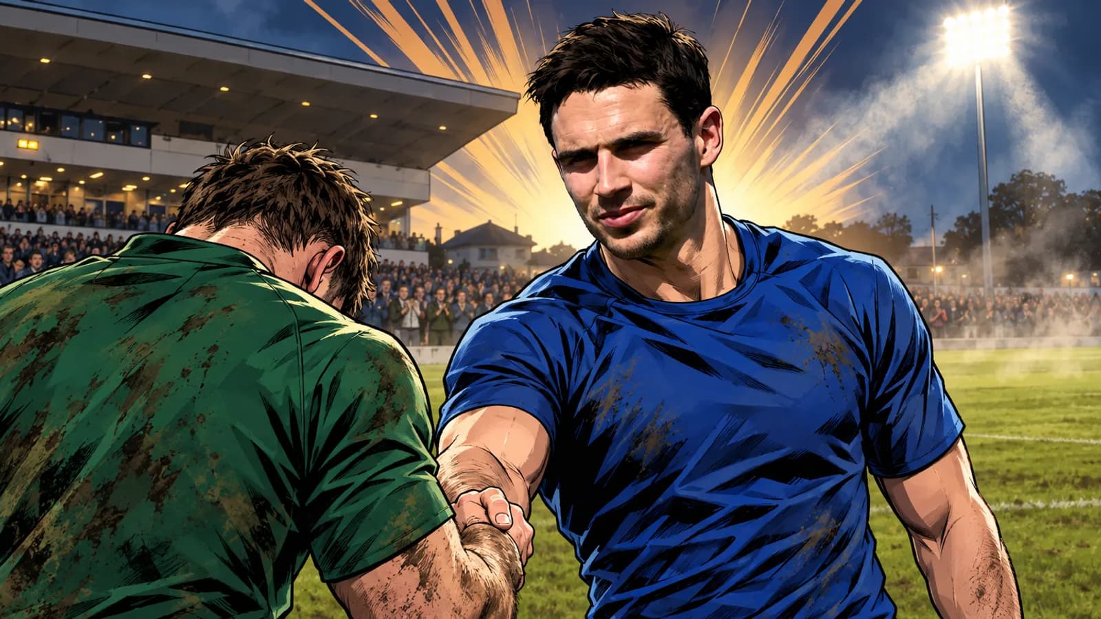 A muddy player in green shakes hands with a player in blue on the floodlit pitch at Dexcom Stadium, with fans behind.