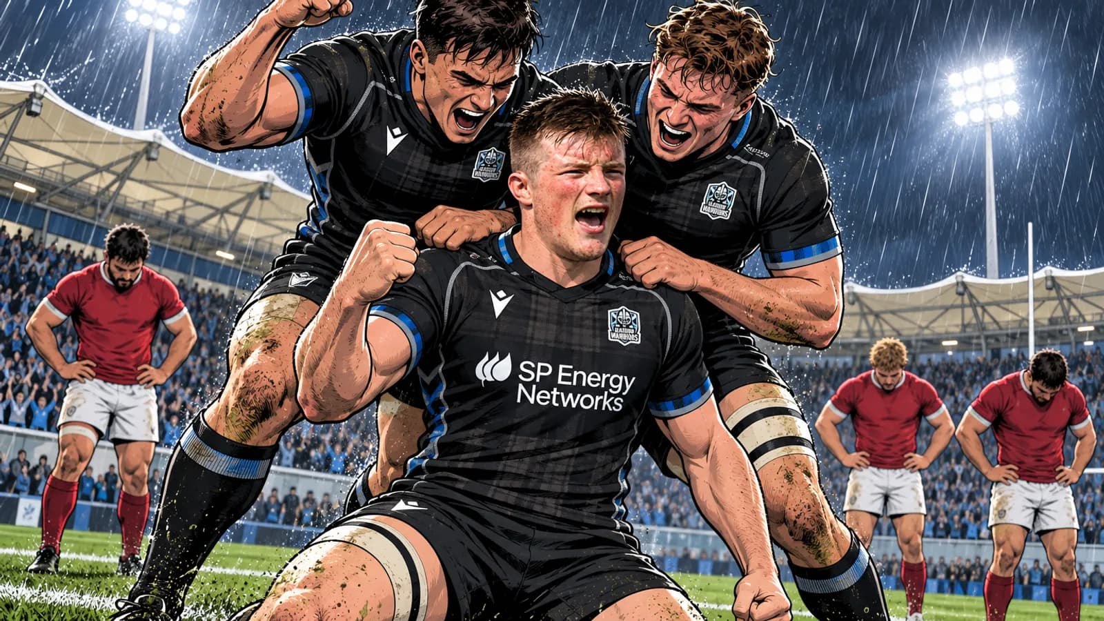 Glasgow Warriors players in black roar and celebrate in the rain at Scotstoun Stadium while dejected players in red stand behind them.