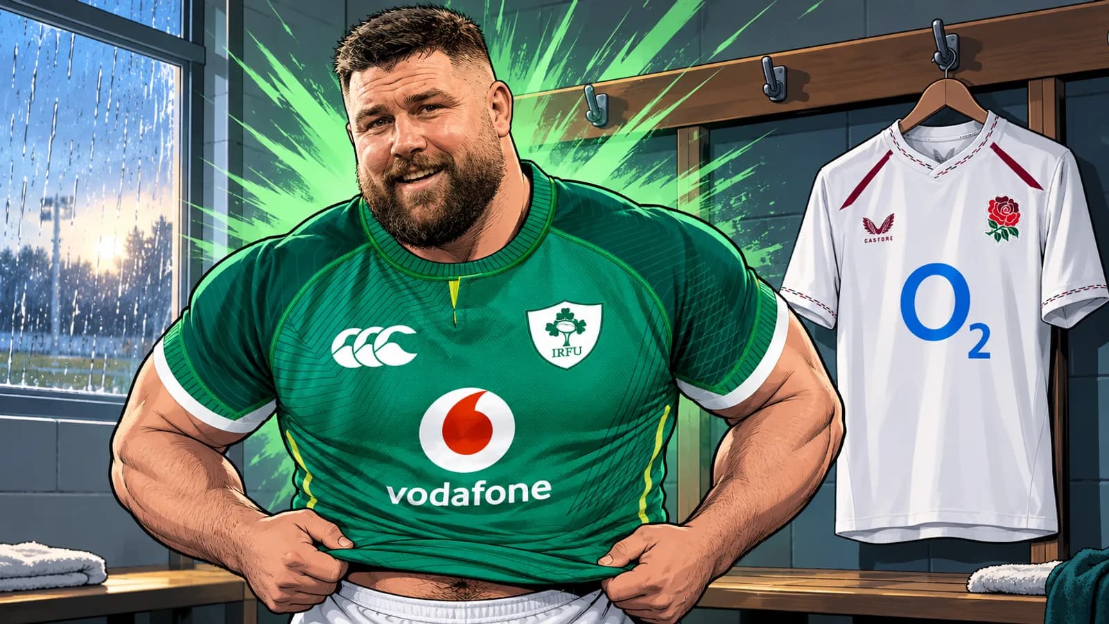 A bearded rugby player tugs down a green Ireland jersey in a changing room beside a hanging white England jersey and rainy window.