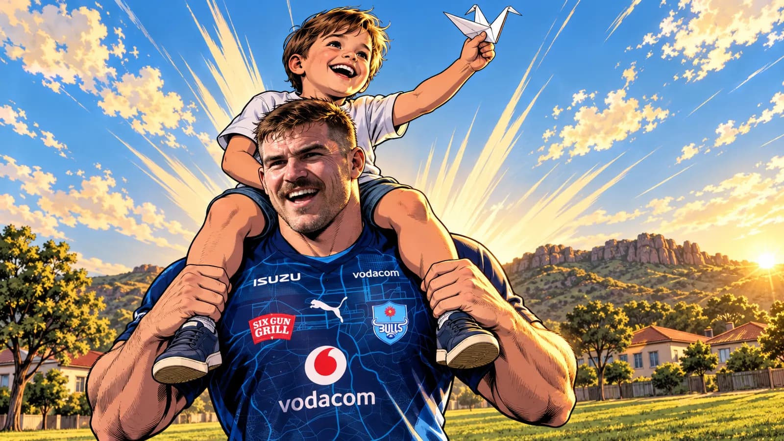 A comic-style rugby illustration of the Bulls home kit.