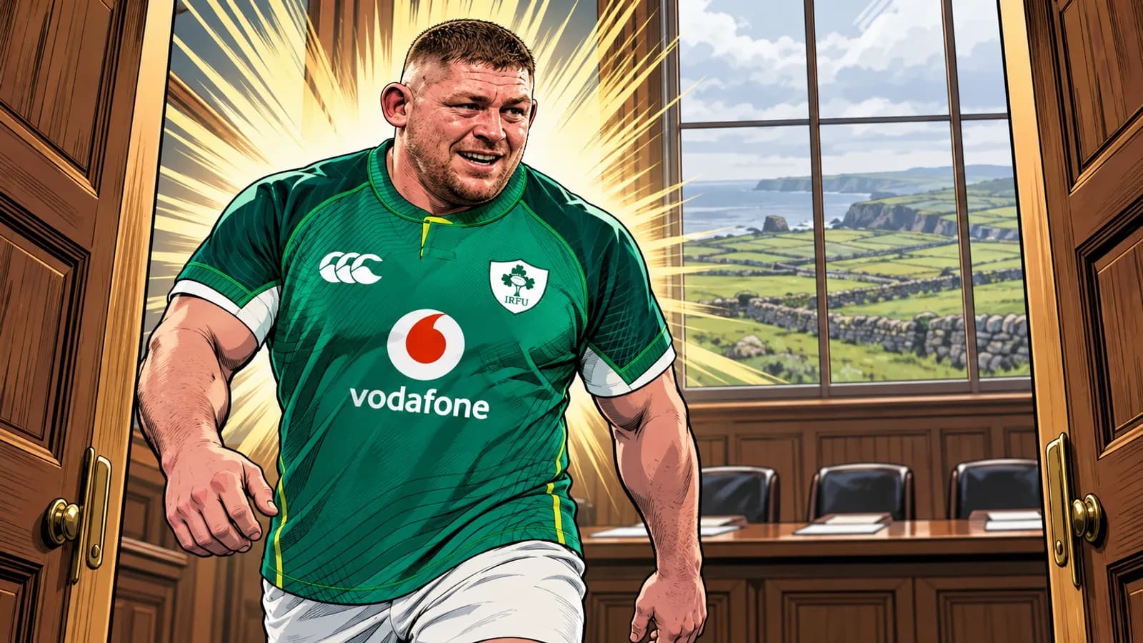 A comic-style rugby illustration of the Ireland home kit.
